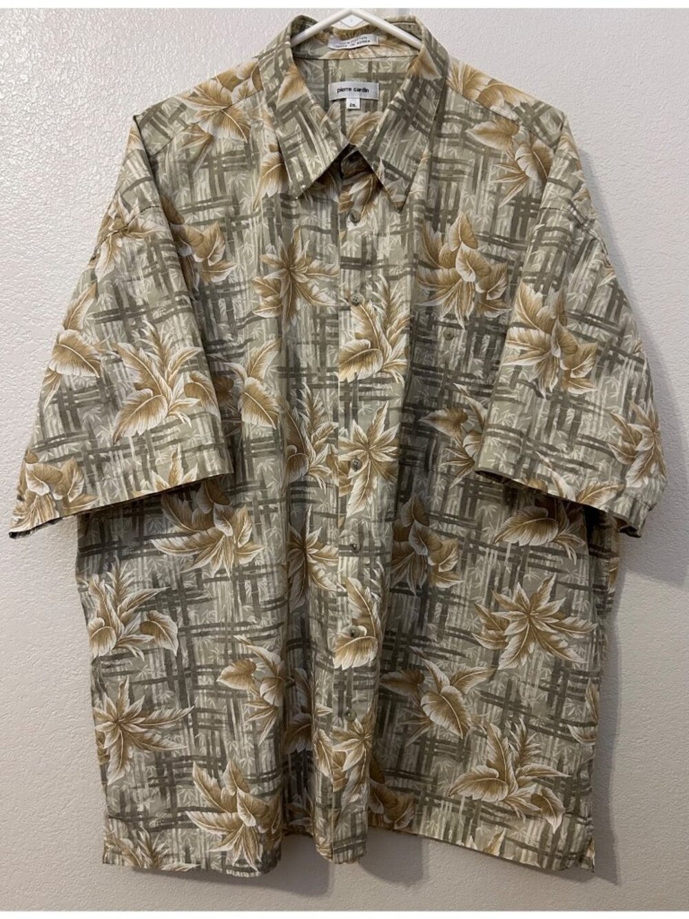 Vintage Pierre Cardin Men's 2XL Hawaiian Button-Up Shirt Green Tan Short Sleeve